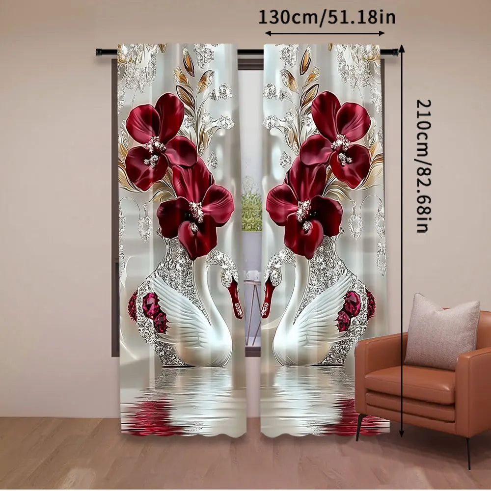 2Pcs Stylish Floral And Swan Printed Curtains Elegant Curtains Suitable For Bedroom Bathroom Living Room Dining Room Kitchen