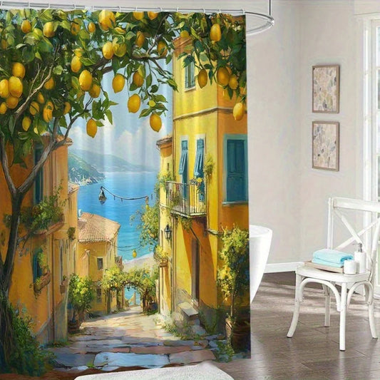 Waterproof Shower Curtain Featuring a Charming Mediterranean Village with Lemon Trees and Coastal Views for a Relaxing Bathroom