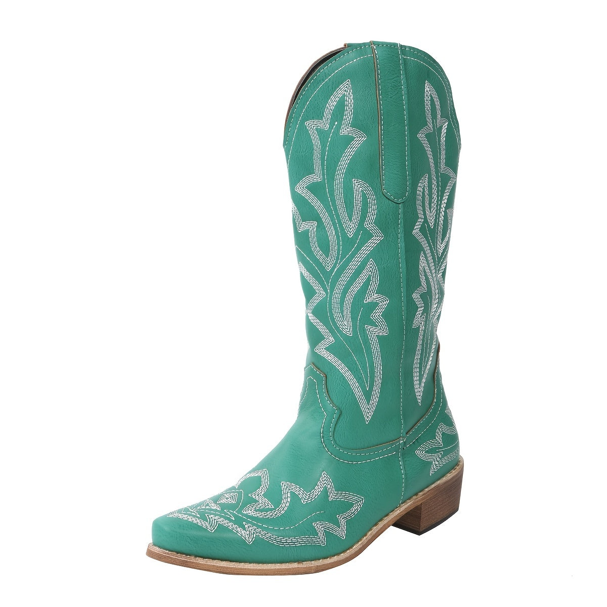 [Retro Cowgirl Boots] Retro Style Women's Western Mid Calf Boots | V-cut Embroidery Cowgirl Boots, Pointed Toe Slip On Shoes