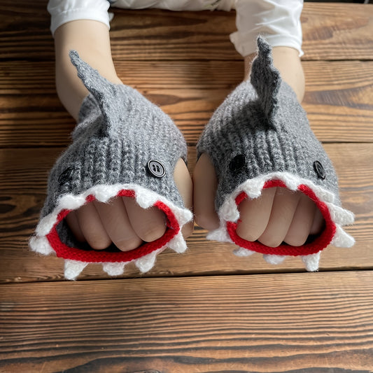 1pair Funny Handmade Shark Gloves - Wool Winter Warm Half-finger Gloves for Christmas Gifts for stocking stuffers