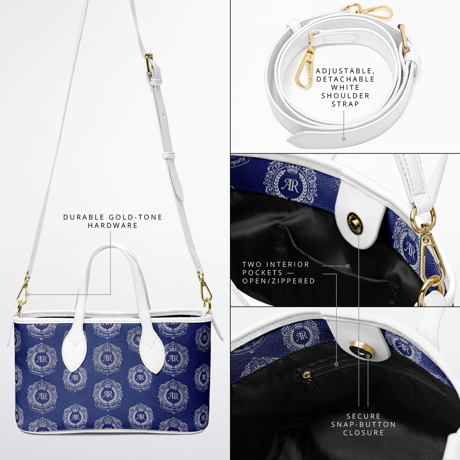 Royal Blue PU Leather Tote Bag with Silver Crest